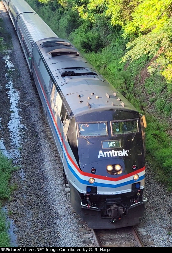 AMTK 145 handled Regional 176 this day, Roanoke to Washington, as seen from Bedford Avenue in Lynchburg.